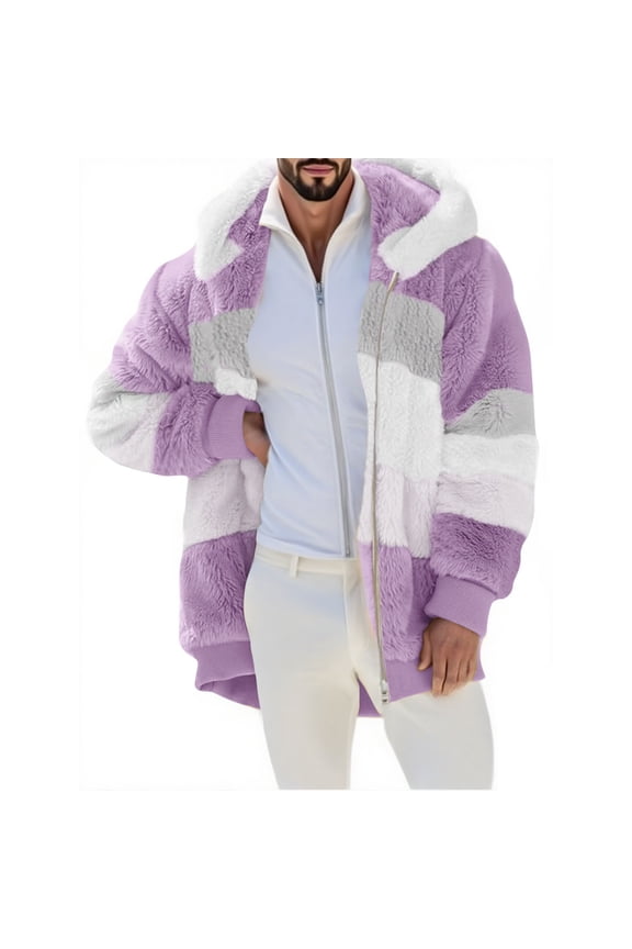 Fleece Lined Hoodies for Men Fuzzy Sherpa Winter Thick Jackets Fashion Colorblock Zip Up Sweatshirt Plush Winter Coat