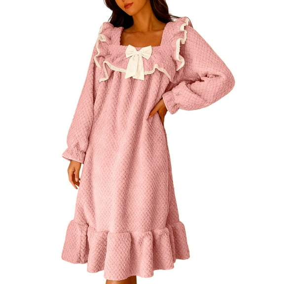 hotojiny Fleece Nightgowns for Women Soft Comfy Sherpa Plush Long Sleeve Bow Sleep Dress Ruffle Hem Flannel Loungewear for Winter