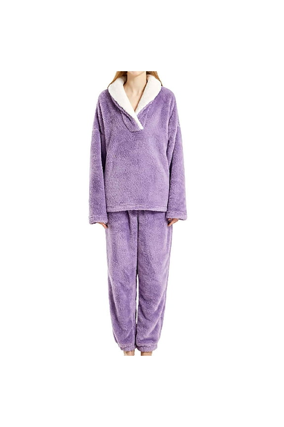 Fleece Pajamas for Women Set 2 Piece Outfit Soft Warm Fuzzy Outerwear Top Sleepwear with Thermal Pants Fluffy Pjs Set
