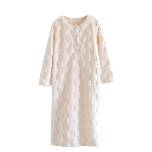hotojiny Fleece Robes for Women Soft Long Sleeve Crew Neck Button Winter Nightgowns Plush Thicken Housecoat Cozy Lounge Dresses