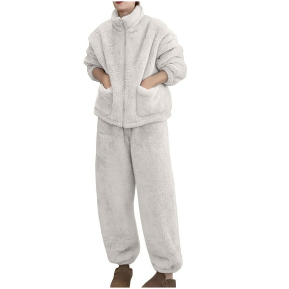 hotojiny Fluffy Pajamas Set for Women 2 Piece Fleece Pjs Sets Thermal Zipper Sleepwear with Fuzzy Pants Winter Plush Loungewear