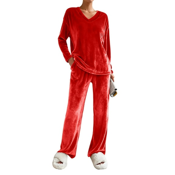 hotojiny Fluffy Pajamas Set for Women Thermal Fleece Pullover with Pants 2 Piece Pjs Set Soft Plush Sleepwear Winter Loungewear