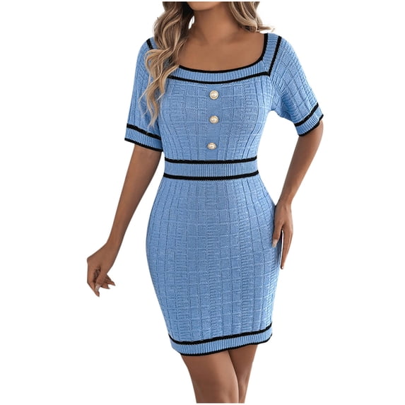 hotojiny Formal Dresses for Women Cute Square Collar Work Business Mini Dress Stylish Slim Short Sleeve Bodycon Pencil Dresses