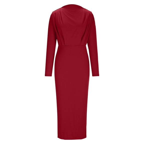 hotojiny Formal Dresses for Women Elegant Long Sleeve Mock Neck Ruched Maxi Dress Slim Business Trendy Cocktail Pencil Dresses