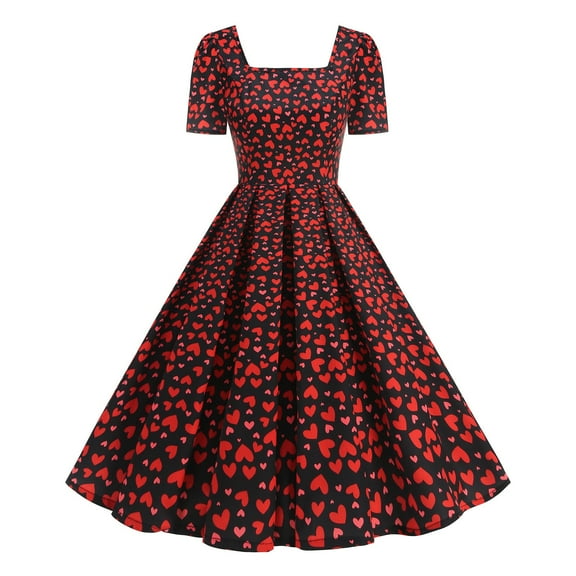 hotojiny Formal Dresses for Women Valentine's Day Gifts Cute Heart Print Cocktail Dresses Trendy Flowy Short Sleeve Maxi Dress
