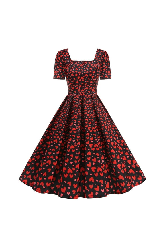 Formal Dresses for Women Valentine's Day Gifts Cute Heart Print Cocktail Dresses Trendy Flowy Short Sleeve Maxi Dress