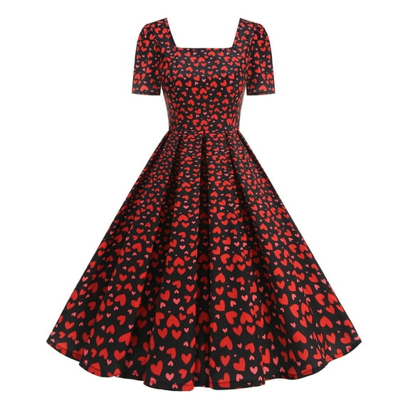 hotojiny Formal Dresses for Women Valentine's Day Gifts Cute Heart Print Cocktail Dresses Trendy Flowy Short Sleeve Maxi Dress
