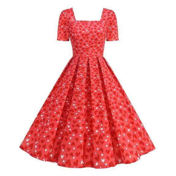 hotojiny Formal Dresses for Women Valentine's Day Gifts Cute Heart Print Cocktail Dresses Trendy Flowy Short Sleeve Maxi Dress
