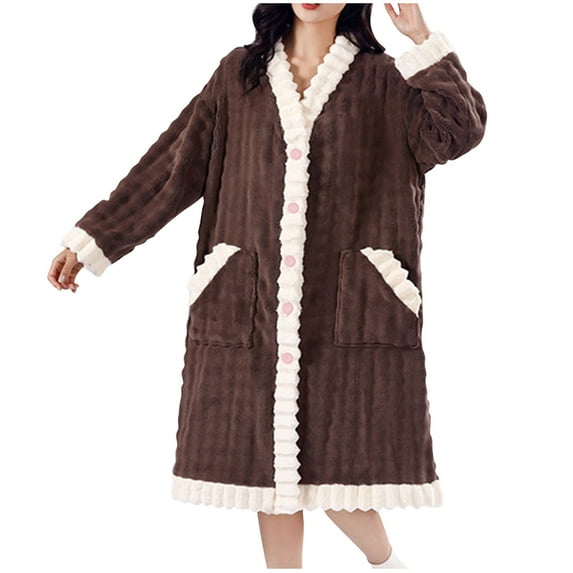 hotojiny Fuzzy Plush Robe for Women Fleece Warm Lounge Bathrobe Soft Cozy Button Down Loose Housecoat Sleepwear