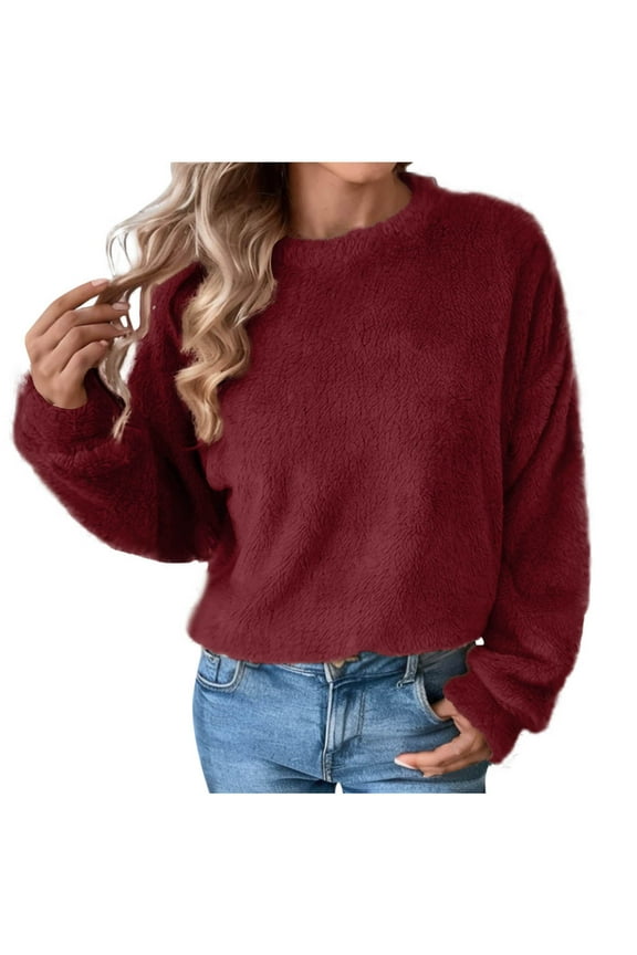 Fuzzy Tops for Women Fall Winter Crew Neck Casual Pullover Top Long Sleeve Loose Warm Fleece Sleepwear