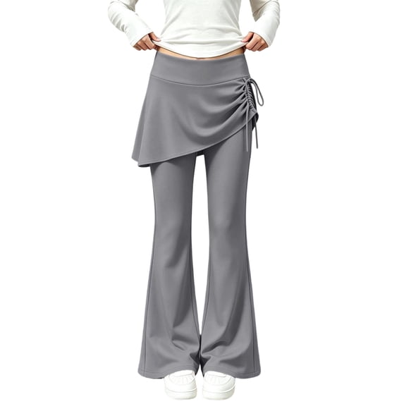 hotojiny Girl Flare Legging with Skirt Kids Cute Workout Yoga Pants Side Drawstring Bell Bottoms High Waisted Skirted Pant(Gray,13-14 Years)