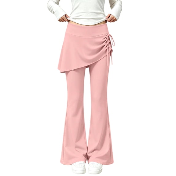 hotojiny Girl Flare Legging with Skirt Kids Cute Workout Yoga Pants Side Drawstring Bell Bottoms High Waisted Skirted Pant(Pink,9-10 Years)