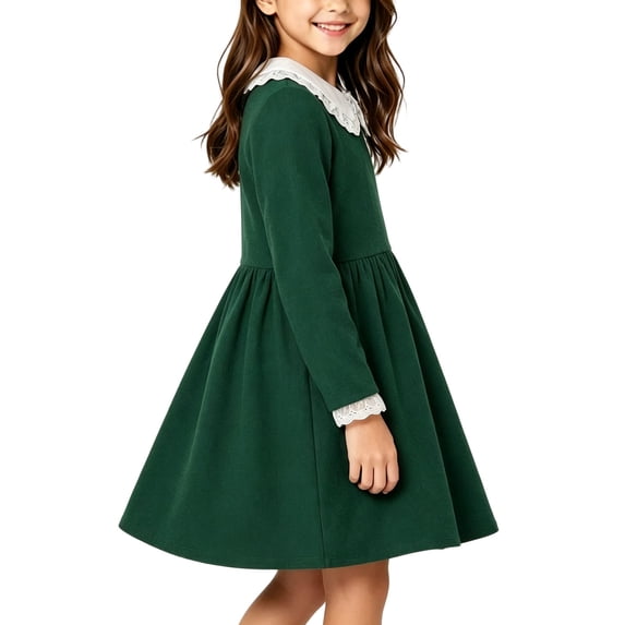hotojiny Girl Long Sleeve Dress Lace Trim Collared Fall Clothes Knee Length Flowy A-Line Corduroy Dresses Children Clothes(Army Green,2-3 Years)