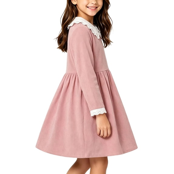 hotojiny Girl Long Sleeve Dress Lace Trim Collared Fall Clothes Knee Length Flowy A-Line Corduroy Dresses Children Clothes(Pink,2-3 Years)
