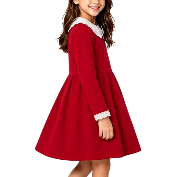 hotojiny Girl Long Sleeve Dress Lace Trim Collared Fall Clothes Knee Length Flowy A-Line Corduroy Dresses Children Clothes(Wine,2-3 Years)