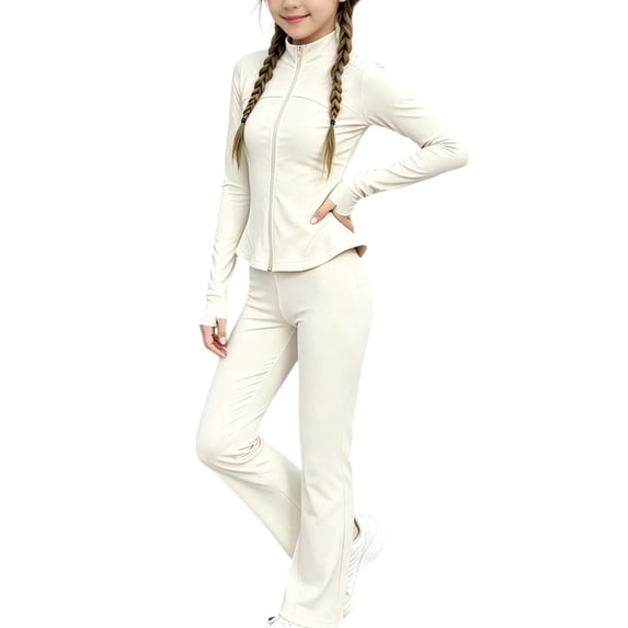 hotojiny Girls 2 Piece Athletic Outfit Full Zip Workout Jacket High Waist Flare Leggings Tracksuit Kids Yoga Activewear(Beige,14-15 Years)