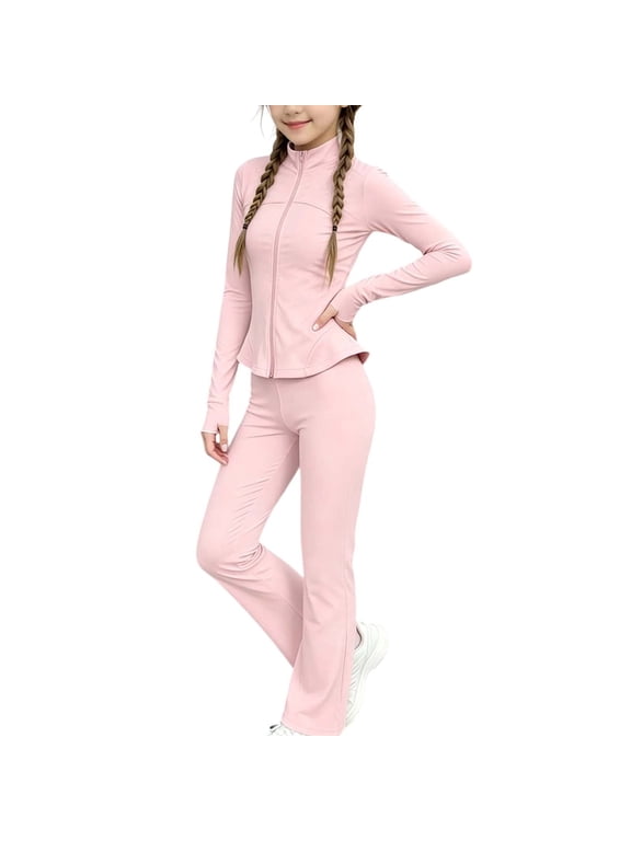 Girls 2 Piece Athletic Outfit Full Zip Workout Jacket High Waist Flare Leggings Tracksuit Kids Yoga Activewear(Pink,3-4 Years)