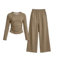 thumbnail image 1 of hotojiny Girls 2 Piece Outfit Long Sleeve Front Ruched Slim Fit Top Elastic Waist Wide Leg Pants Set Kids Fall Casual Clothes(Brown,5-6 Years), 1 of 6