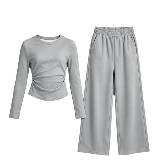 hotojiny Girls 2 Piece Outfit Long Sleeve Front Ruched Slim Fit Top Elastic Waist Wide Leg Pants Set Kids Fall Casual Clothes(Gray,12-13 Years)