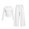 thumbnail image 1 of hotojiny Girls 2 Piece Outfit Long Sleeve Front Ruched Slim Fit Top Elastic Waist Wide Leg Pants Set Kids Fall Casual Clothes(White,14-15 Years), 1 of 6