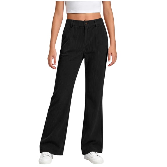 hotojiny Girls Corduroy Pants Casual Loose Wide Leg Kids Trousers with Pockets Comfy Pull on Plain Uniform Pants(Black,7-8 Years)
