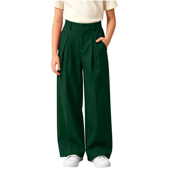 hotojiny Girls Dress Pants Wide Leg Uniform Pants for Kids Trendy High Waist Pleated Front Formal Pants with Pockets(Army Green,8-9 Years)