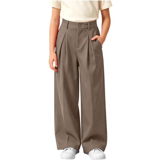 hotojiny Girls Dress Pants Wide Leg Uniform Pants for Kids Trendy High Waist Pleated Front Formal Pants with Pockets(Brown,8-9 Years)