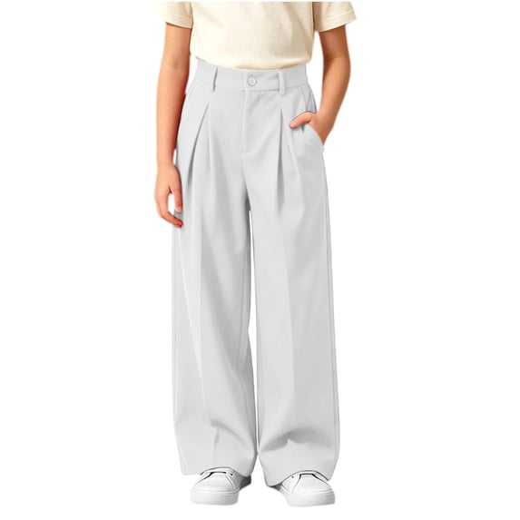 hotojiny Girls Dress Pants Wide Leg Uniform Pants for Kids Trendy High Waist Pleated Front Formal Pants with Pockets(White,12-13 Years)