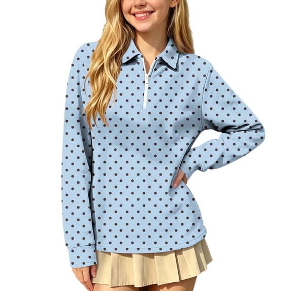 hotojiny Girls Long Sleeve Shirt Half Zip Collar Polka Dot Print Casual Loose Pullover Sports Top for Fall Winter(Light Blue,3-4 Years)