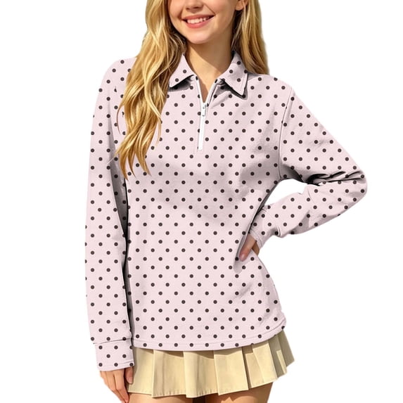hotojiny Girls Long Sleeve Shirt Half Zip Collar Polka Dot Print Casual Loose Pullover Sports Top for Fall Winter(Pink,7-8 Years)