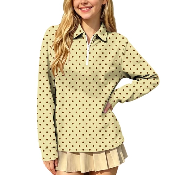 hotojiny Girls Long Sleeve Shirt Half Zip Collar Polka Dot Print Casual Loose Pullover Sports Top for Fall Winter(Yellow,14-15 Years)
