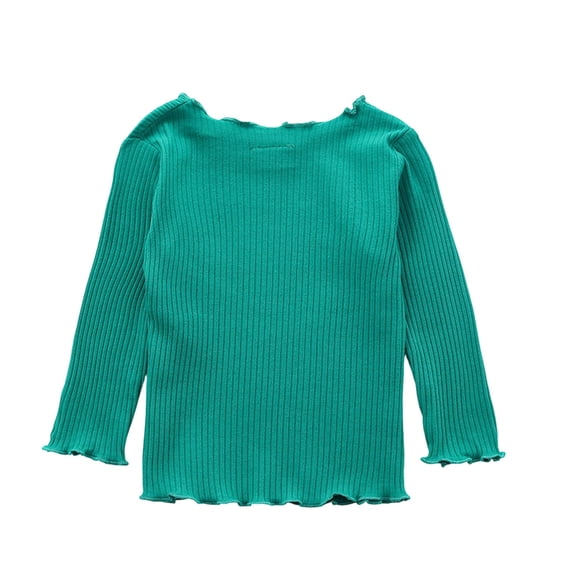 hotojiny Girls Long Sleeve Shirts Cute Lettuce Trim Ribbed Knit Crew Neck Tops Kids Stretchy T Shirt Pullover(Green,16-18 Months)
