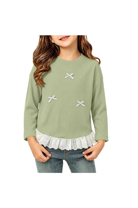 Girls Long Sleeve Shirts Fashion Dressy Tunic Blouse Toddler Baby Lace Trim Round Neck Tops for 0-12 Years