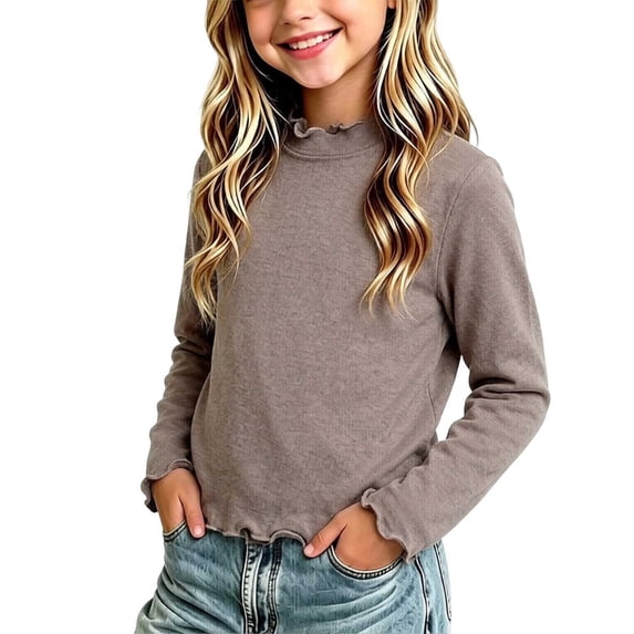 hotojiny Girls Long Sleeve Tees Soft T-Shirts Kids Basic Crewneck T-Shirts Solid Color Top for Teen Fashion Clothes(Coffee,3-4 Years)