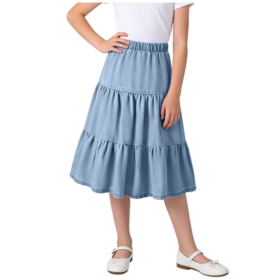 hotojiny Girls' Midi Skirts High Waist Flowy A-Line Casual Long Skirts Fashion Tiered Fall Skirts for Beach Vaction(Blue,12-13 Years)