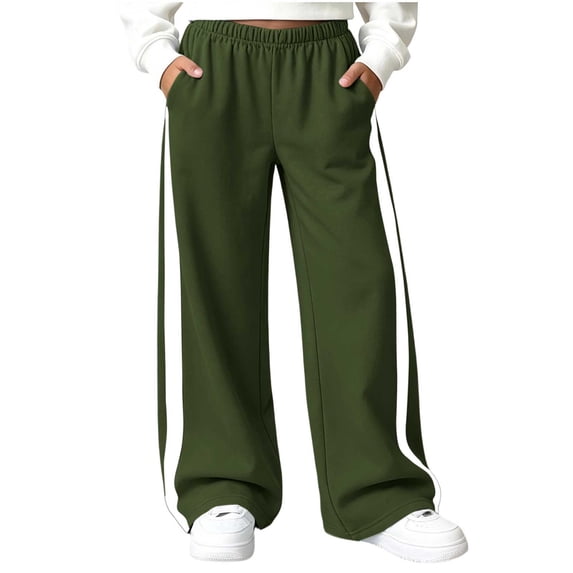 hotojiny Girls' Pants Wide Leg Clothes Kids Lightweight Sweatpants Trendy Side Striped Baggy High Waist Casual Pants(Army Green,9-10 Years)