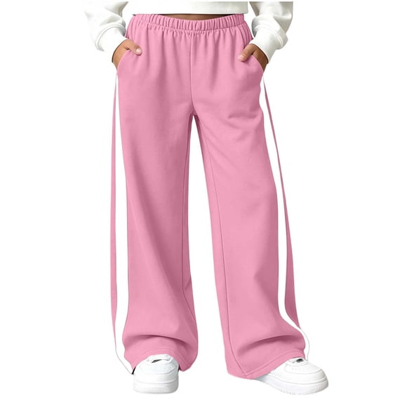 hotojiny Girls' Pants Wide Leg Clothes Kids Lightweight Sweatpants Trendy Side Striped Baggy High Waist Casual Pants(Pink,14-15 Years)