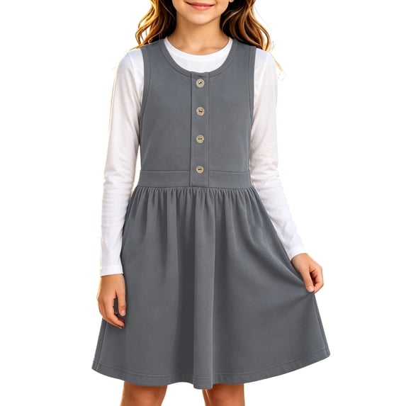 hotojiny Girls Solid Sleeveless Jumper Dress Button Decorative Pinafore Dress Kids Casual A-Line Tank Dress Back-to-School(Gray,13-14 Years)