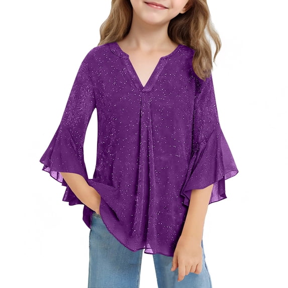 hotojiny Girls Sparkly Tops Sequin Casual Ruffle 3/4 Sleeve Fashion Shirt V Neck Front Pleated Party Blouses(Purple,3-4 Years)