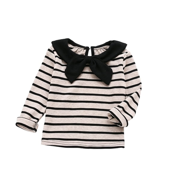 hotojiny Girls Striped Blouse Crew Neck Long Sleeve Top Bow Tie Casual Soft Pullover Shirt for Spring Fall Outfit(Black,5-6 Years)