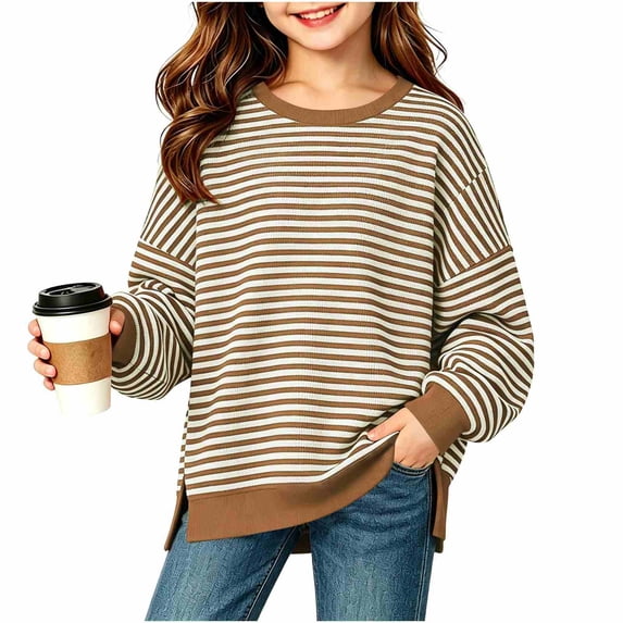 hotojiny Girls Striped Shirts Long Sleeve Oversized T-Shirt Crewneck Side Slit Tunic Tops for Fall Fashion(Brown,13-14 Years)