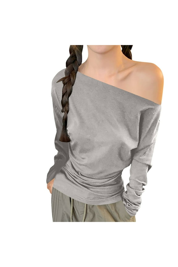 Going Out Tops for Women Spring Fashion One-Off Shoulder Long Sleeve Ruched T Shirt Casual Loose Comfy Blouse