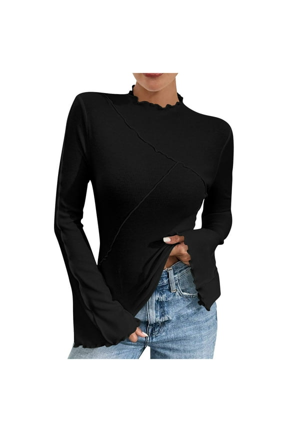 Going Out Tops for Women Trendy Mock Neck Flared Long Sleeve Shirts Slim Ribbed Elegant Spring Blouse