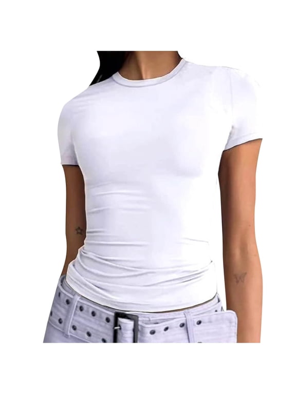 Going out Tops for Women Casual Basic Crew Neck Tight T Shirts Fashion Solid Slim Short Sleeve Ruched Tee