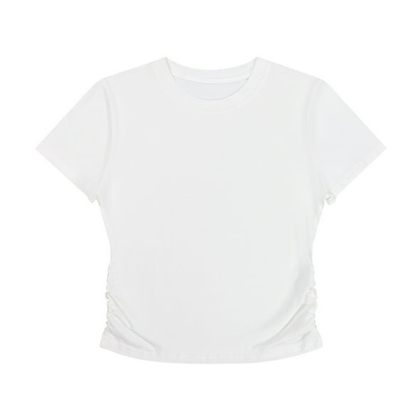 hotojiny Going out Tops for Women Casual Plain Color Crewneck Side Drawstring T Shirts Cute Short Sleeve Basic Tee Summer Outfit