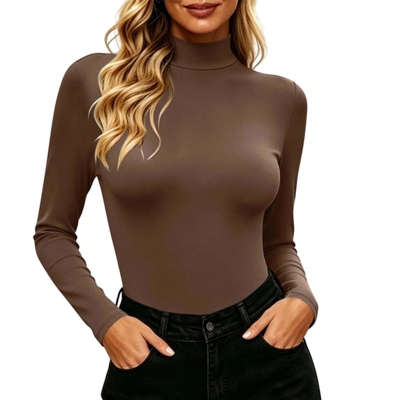 hotojiny Going out Tops for Women Long Sleeve Turtleneck Tops Thermal Undershirts Basic Stretchy Lightweight Tight Tee(Brown,XX-Large)