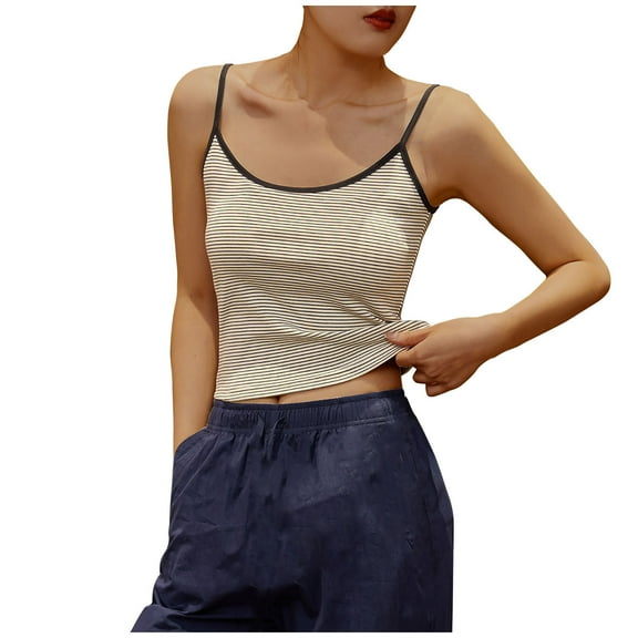 hotojiny Going out Tops for Women Spaghetti Strap Scoop Neck Basic Slim-Fit Cotton Cami Shirt Cute Striped Sleeveless Undershirts