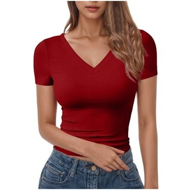 hotojiny Going out Tops for Women Summer Slim V Neck T Shirts Solid Short Sleeve Basic Stretch Cropped Tee Clothes
