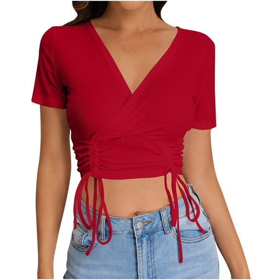 hotojiny Going out Tops for Women Trendy Short Sleeve Warp V Neck Cropped Shirts Slim Summer Fashion Clothes