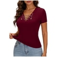thumbnail image 1 of hotojiny Going out Tops for Women V Neck Lace up Trendy Outfit Slim Fit Fashion Short Sleeve Summer Clothes S-2XL, 1 of 7